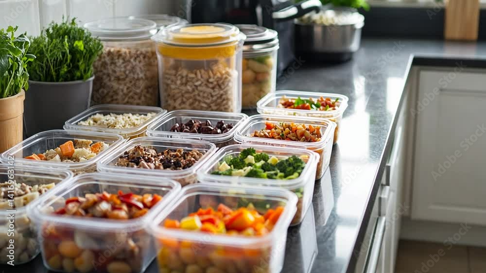 Meal Prepping: Colorful and Nutritious Food Containers on a Modern Kitchen Countertop Meal Prepping: Colorful and Nutritious Food Containers on a Modern Kitchen Countertop