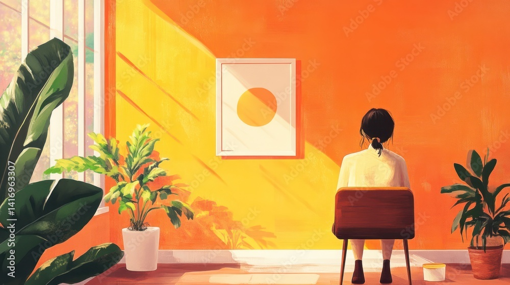 Person Sitting in Bright Room with Orange Walls and Green Plants