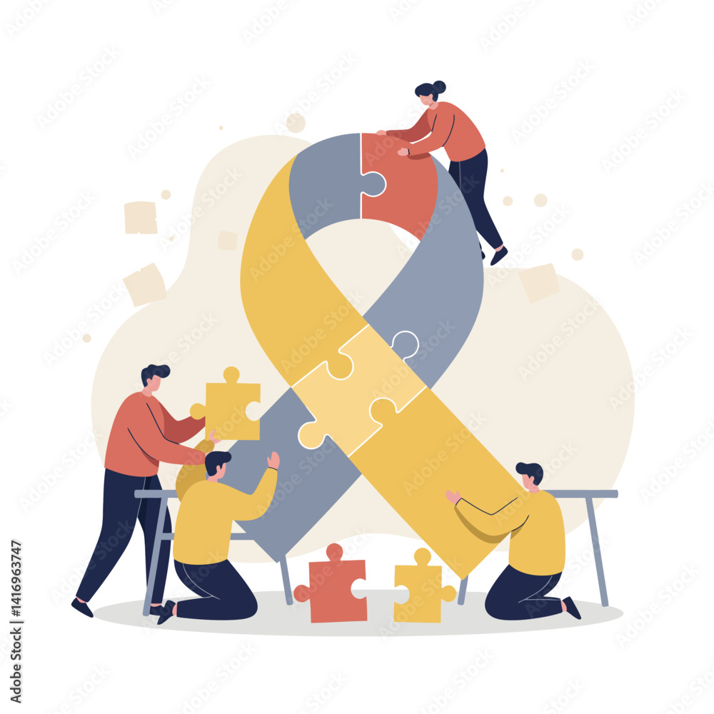 Group of people assembling large awareness ribbon puzzle in flat design style collaborative teamwork vector illustration Group of people assembling large awareness ribbon puzzle in flat design style collaborative teamwork vector illustration