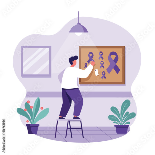 Man hanging awareness ribbons on bulletin board with purple tones in minimal flat design vector illustration
