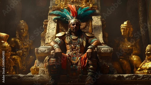 Majestic Mayan Ruler Seated on Ancient Throne with Ornate Gold Artifacts Background