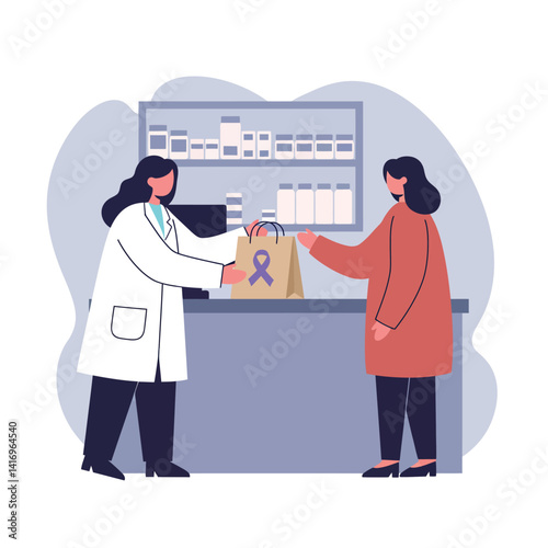 Female pharmacist handing over medication bag with ribbon symbol to customer in modern pharmacy flat vector illustration