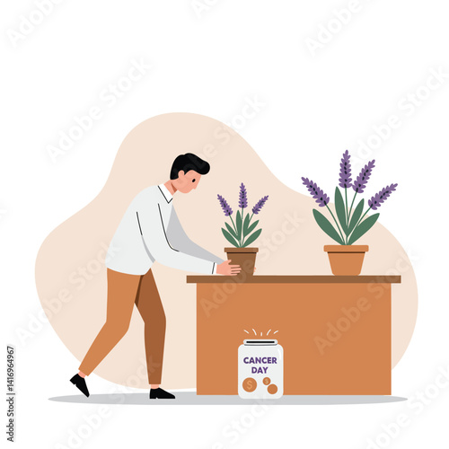 Man arranging potted lavender plants on wooden table in minimal flat style peaceful indoor scene vector illustration
