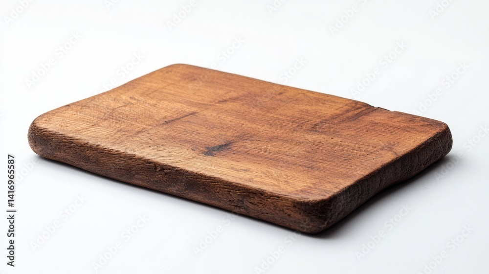 Wooden cutting board resting on a plain white surface with natural texture and grain visible Wooden cutting board resting on a plain white surface with natural texture and grain visible