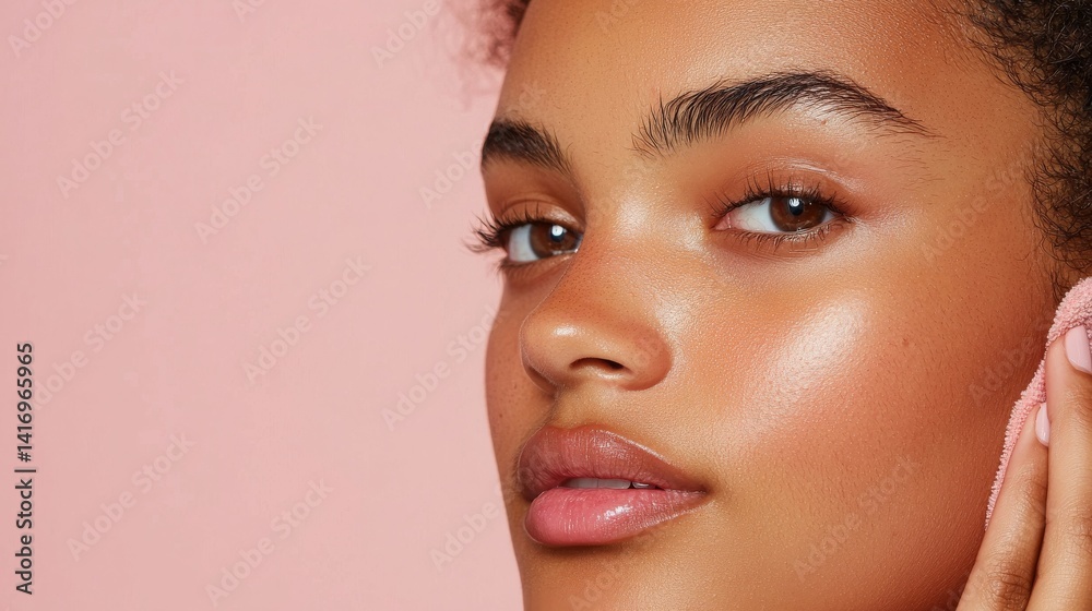 Fototapeta premium Close-Up Portrait of a Glamorous Young Woman with Glowing Skin Against a Pink Background