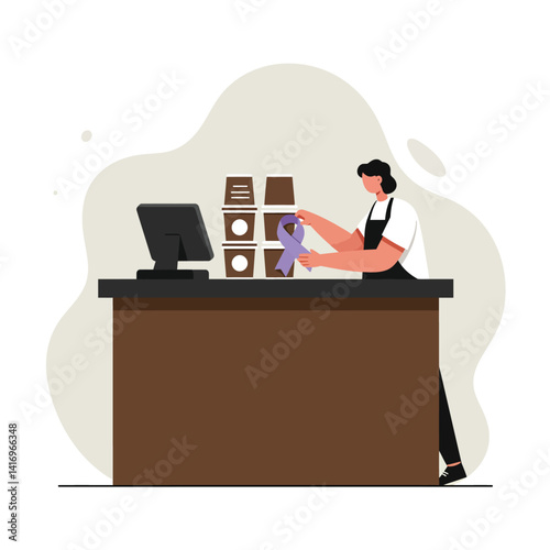 Barista preparing coffee behind counter with cups in minimal flat design vector illustration