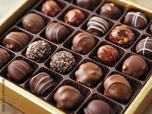 Close up Assorted handcrafted dark chocolates in golden box photography