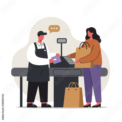 Female customer purchasing groceries from cashier in minimal flat style vector illustration