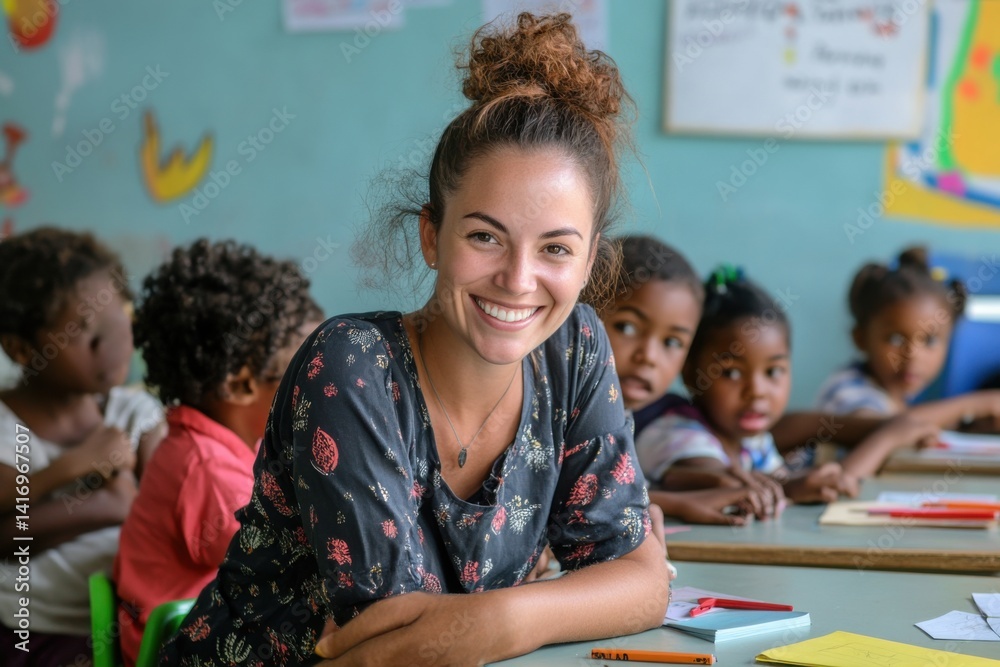 Fototapeta premium Smiling teacher engages students in classroom during an educational activity in a vibrant learning environment