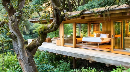 Elevated woodland hideaway: a tranquil cabin retreat amidst lush greenery
