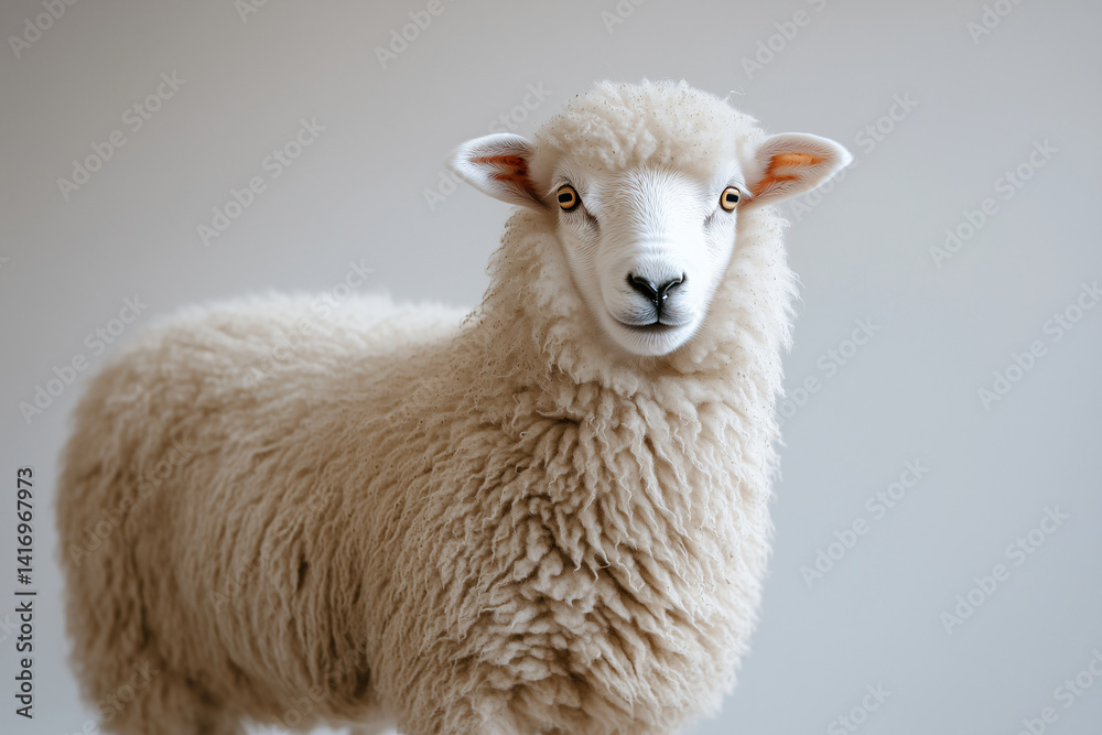 Fluffy White Sheep Standing – Peaceful Farm Animal Photography on White Background Fluffy White Sheep Standing – Peaceful Farm Animal Photography on White Background