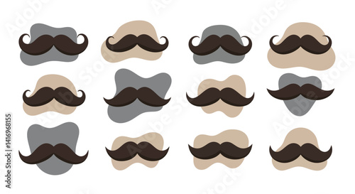 Various styles of male mustaches on different face silhouettes in flat design with diverse shapes and sizes vector illustration
