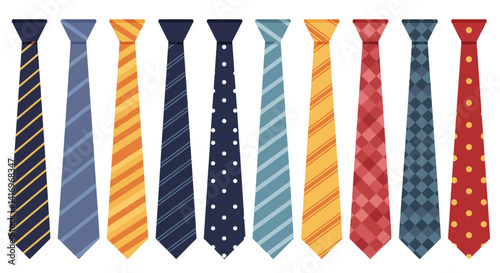 Collection of striped and patterned neckties in flat design with various colors and textures casual and formal vector art