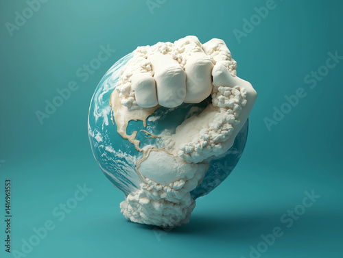 A fist made of clouds gripping the Earth, symbolizing strength, power, and global solidarity on May Day.