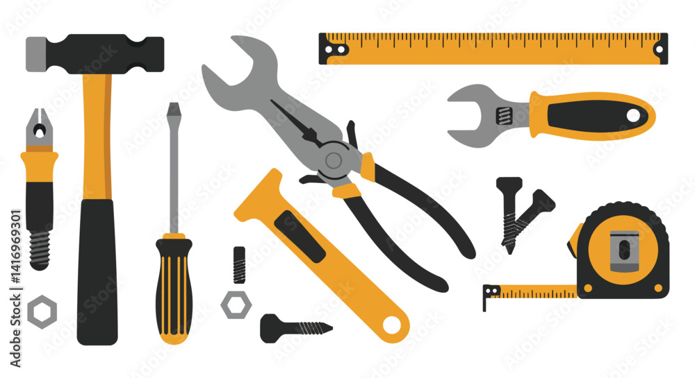 Collection of hand tools including hammer wrench screwdriver pliers measuring tape and nuts in flat style vector illustration Collection of hand tools including hammer wrench screwdriver pliers measuring tape and nuts in flat style vector illustration