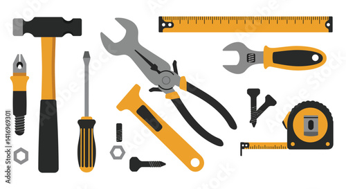 Collection of hand tools including hammer wrench screwdriver pliers measuring tape and nuts in flat style vector illustration