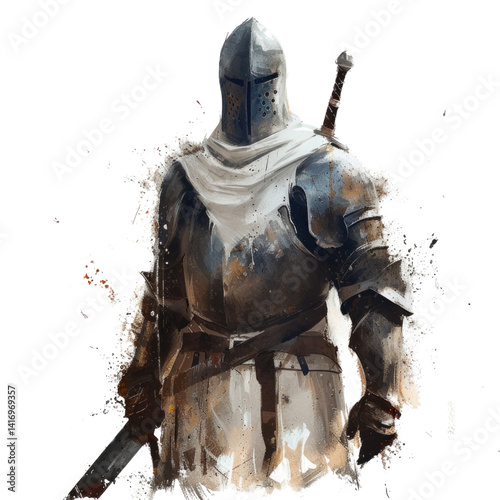 Powerful medieval knight in weathered armor.