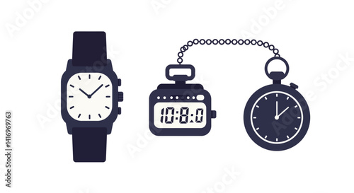 Three different timekeeping devices including wristwatch digital stopwatch and pocket watch flat minimal vector illustration
