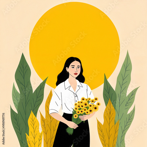 Woman with sunflowers illustration