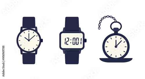 Classic wristwatch digital watch and pocket watch set in simple flat style black and white vector illustration