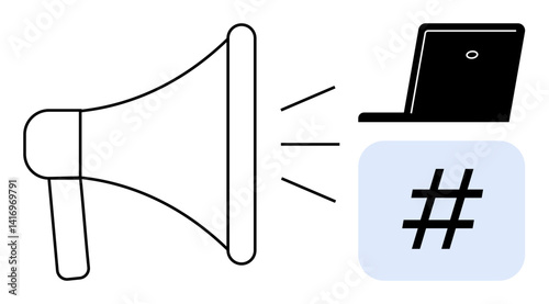 Megaphone projecting sound waves toward a laptop and metadata tag, symbolizing digital communication. Ideal for marketing, social media, branding, content creation, advertising, online campaigns