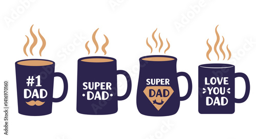 Four steaming coffee mugs with fatherhood messages in simple flat design style vector illustration