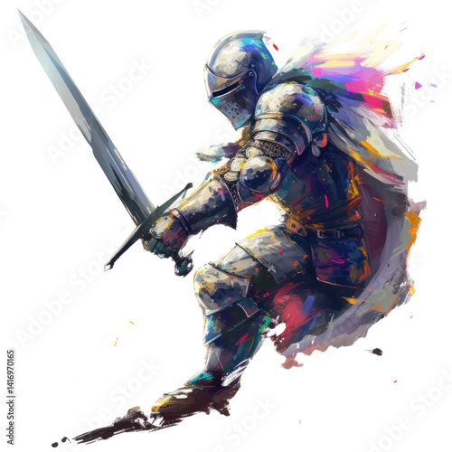Colorful, dynamic fantasy warrior in battle stance.