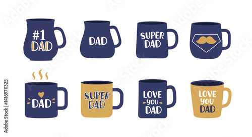 Collection of flat style coffee mugs with dad themed designs and warm tones in vector illustration