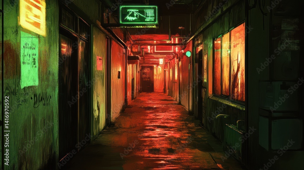 Fototapeta premium Neon-lit alleyway at night; urban exploration; background shows nightlife
