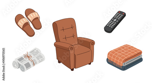 Comfortable brown armchair with slippers remote newspaper and folded blanket in flat minimal vector illustration