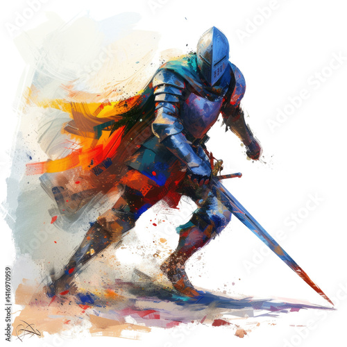 Dynamic medieval warrior in vibrant, expressive armor.