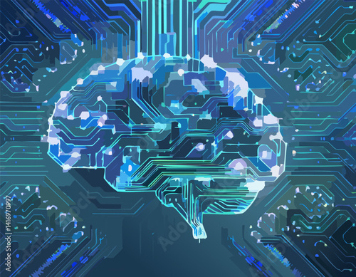 Futuristic illustration of a digital brain merged with circuit board patterns, symbolizing artificial intelligence, machine learning, and neural networks. This vibrant and modern design