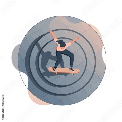 Young woman performing skateboard trick in urban skatepark with minimal flat design style vector illustration
