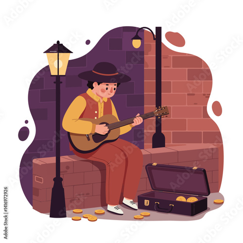 Street musician playing acoustic guitar beside brick wall under warm lamplight in flat design vector illustration