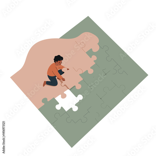 Child assembling large human head puzzle pieces in flat design style concept vector illustration