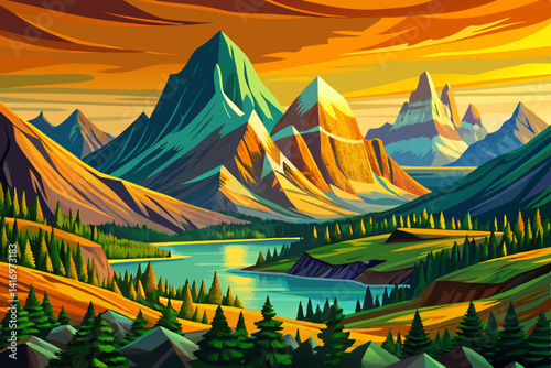 Glacier national park montana at sunset time with mountains and lakes, pine trees