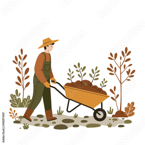 Farmer wearing hat and overalls pushing wheelbarrow with soil in garden surrounded by plants flat vector illustration