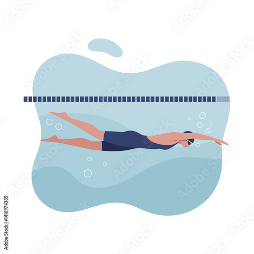 Male swimmer performing freestyle stroke underwater in minimal flat design with blue tones vector illustration