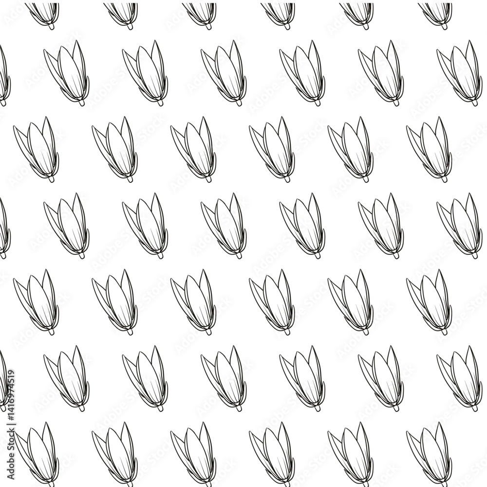 Champak or Magnolia champaca tropical flower Seamless Pattern Background. Black and White Flower isolated in white. Hand drawn vector sketch Outline illustration Line Art Champak or Magnolia champaca tropical flower Seamless Pattern Background. Black and White Flower isolated in white. Hand drawn vector sketch Outline illustration Line Art