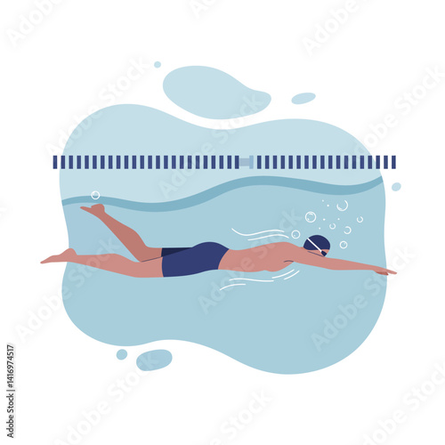 Male swimmer performing freestyle stroke in pool with swim cap and goggles flat minimal vector illustration