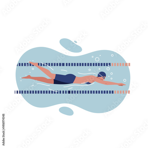 Male swimmer in swimming pool performing front crawl stroke in flat minimal style vector illustration