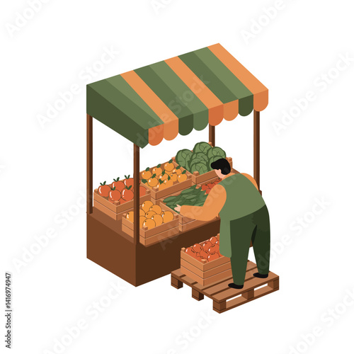 Man selecting fresh vegetables at a striped canopy market stall in flat isometric style vector illustration