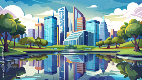 Skyscrapers reflected in a pond at the edge of a quiet parkland