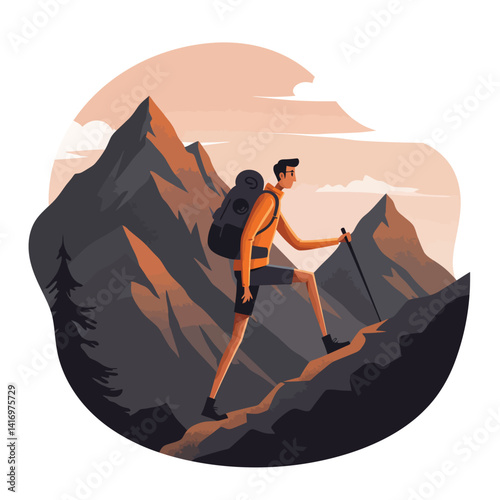 Male hiker climbing steep mountain trail with backpack and trekking pole in flat minimalist style vector illustration