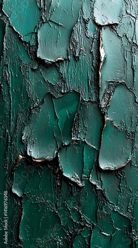 Textured, deep teal paint with extensive cracking.