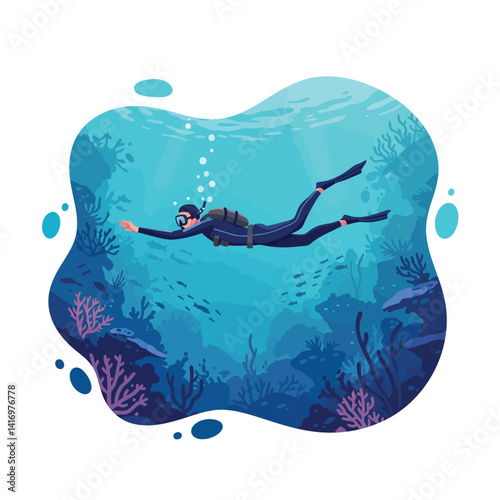 Scuba diver exploring vibrant coral reef underwater scene detailed flat vector illustration