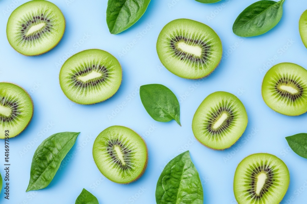 Fototapeta premium Fresh kiwi slices and green leaves on blue background