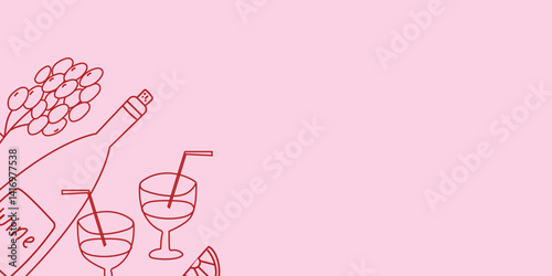 Hand drawn vector background with wine and glasses on a pink backdrop. Ideal for restaurant and café menus, food banners, and promotional designs with space for text.