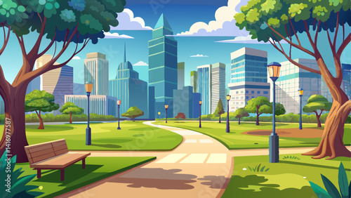 Modern city skyline seen behind a quiet urban park with walking paths and trees.
