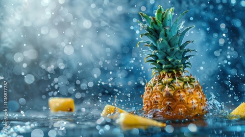 Exotic Fresh Pineapple Immersed in Water with Splashes and Bokeh Effects